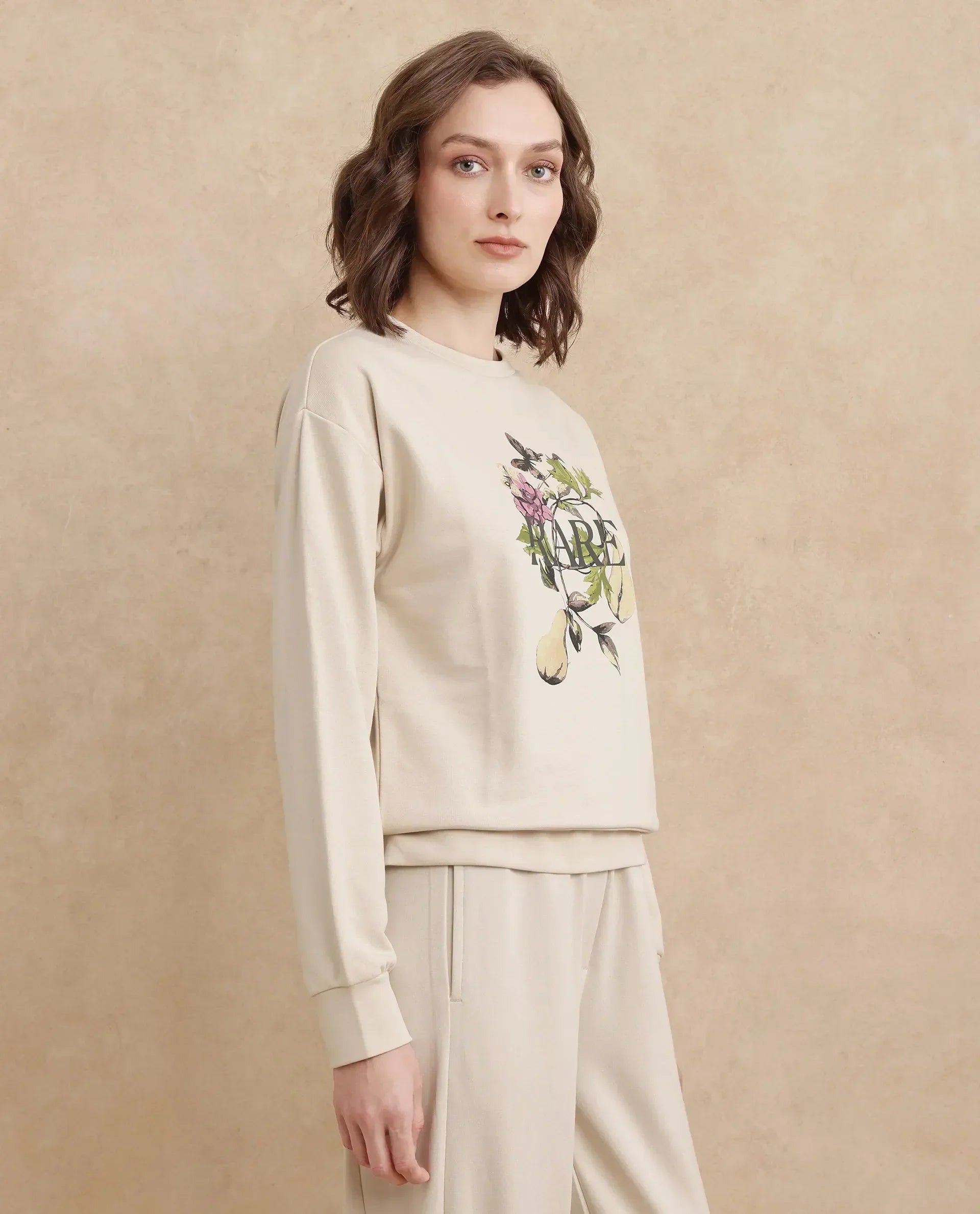 Rareism Women's Avoca Beige Cotton Blend Crew Neck Floral Print Regular Fit Sweatshirt
