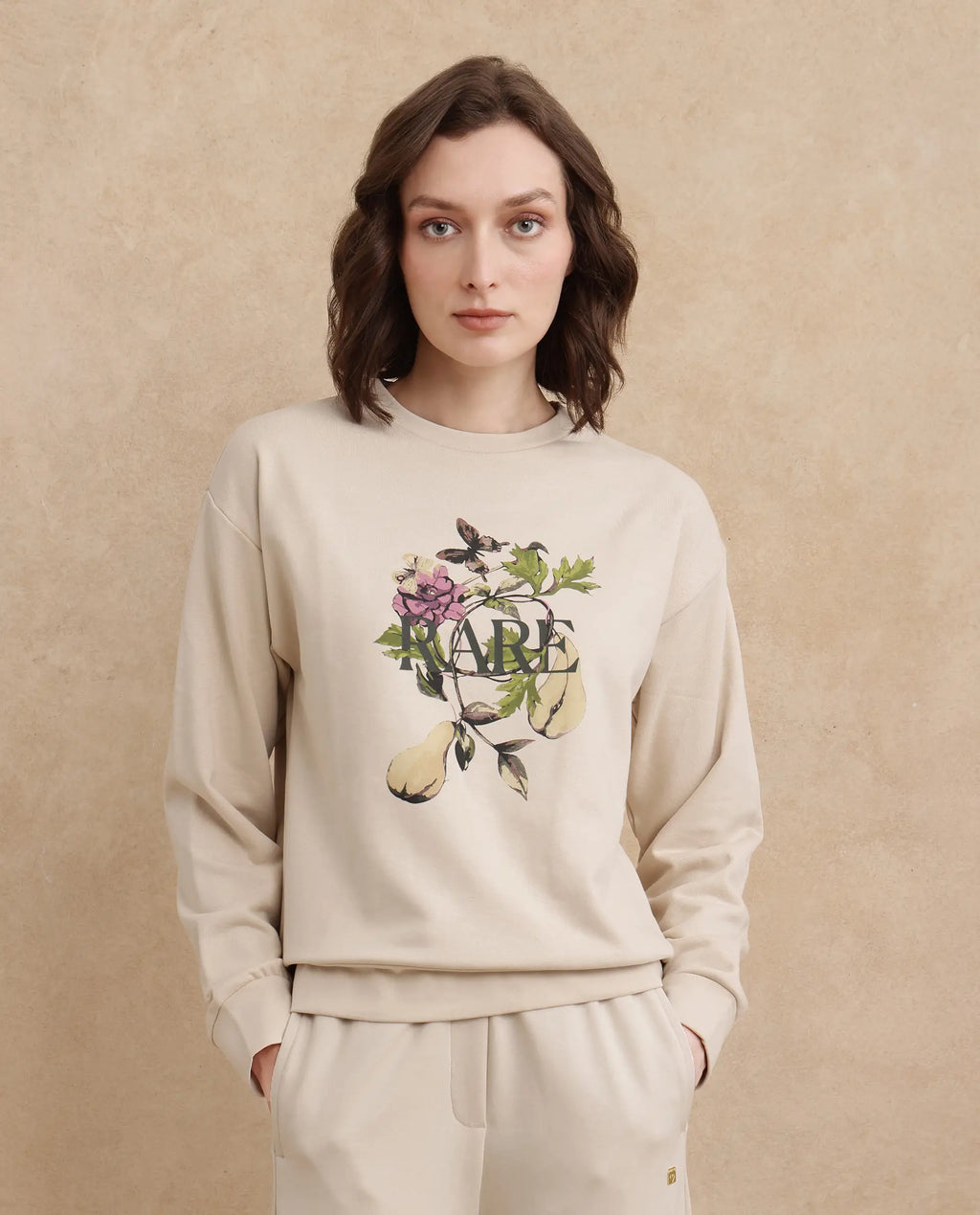 Rareism Women's Avoca Beige Cotton Blend Crew Neck Floral Print Regular Fit Sweatshirt