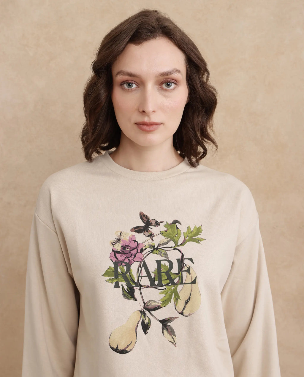 Rareism Women's Avoca Beige Cotton Blend Crew Neck Floral Print Regular Fit Sweatshirt