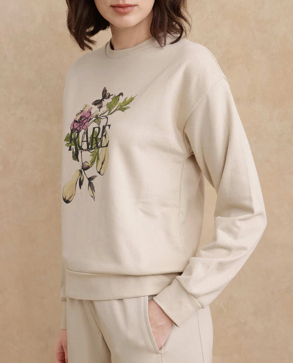 Rareism Women's Avoca Beige Cotton Blend Crew Neck Floral Print Regular Fit Sweatshirt