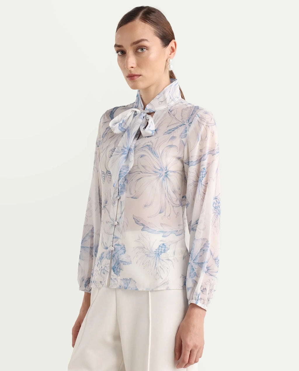 Rareism Women's Avoi White Polyester Tie-Up Regular Floral Print Top