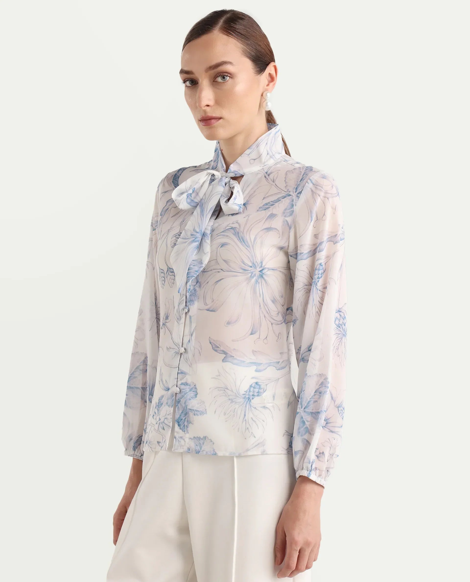 Rareism Women's Avoi White Polyester Tie-Up Regular Floral Print Top