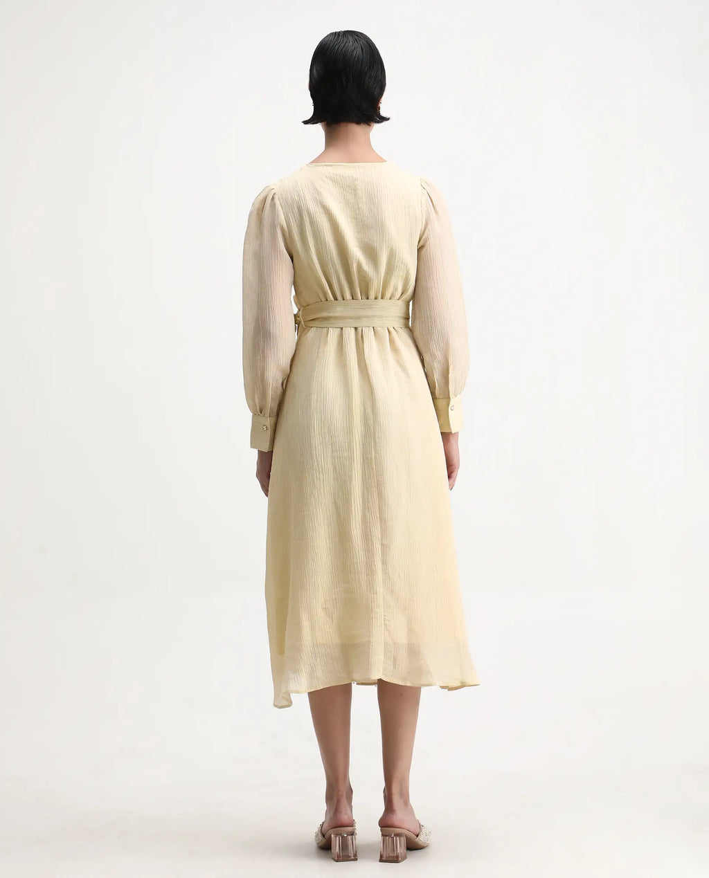 Rareism Women's Avsi Gold Viscose Wrap Neck Fit And Flare Plain Midi Dress