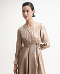 Rareism Women's Avsin Gold Polyester Wrap Neck Fit And Flare Plain Midi Dress