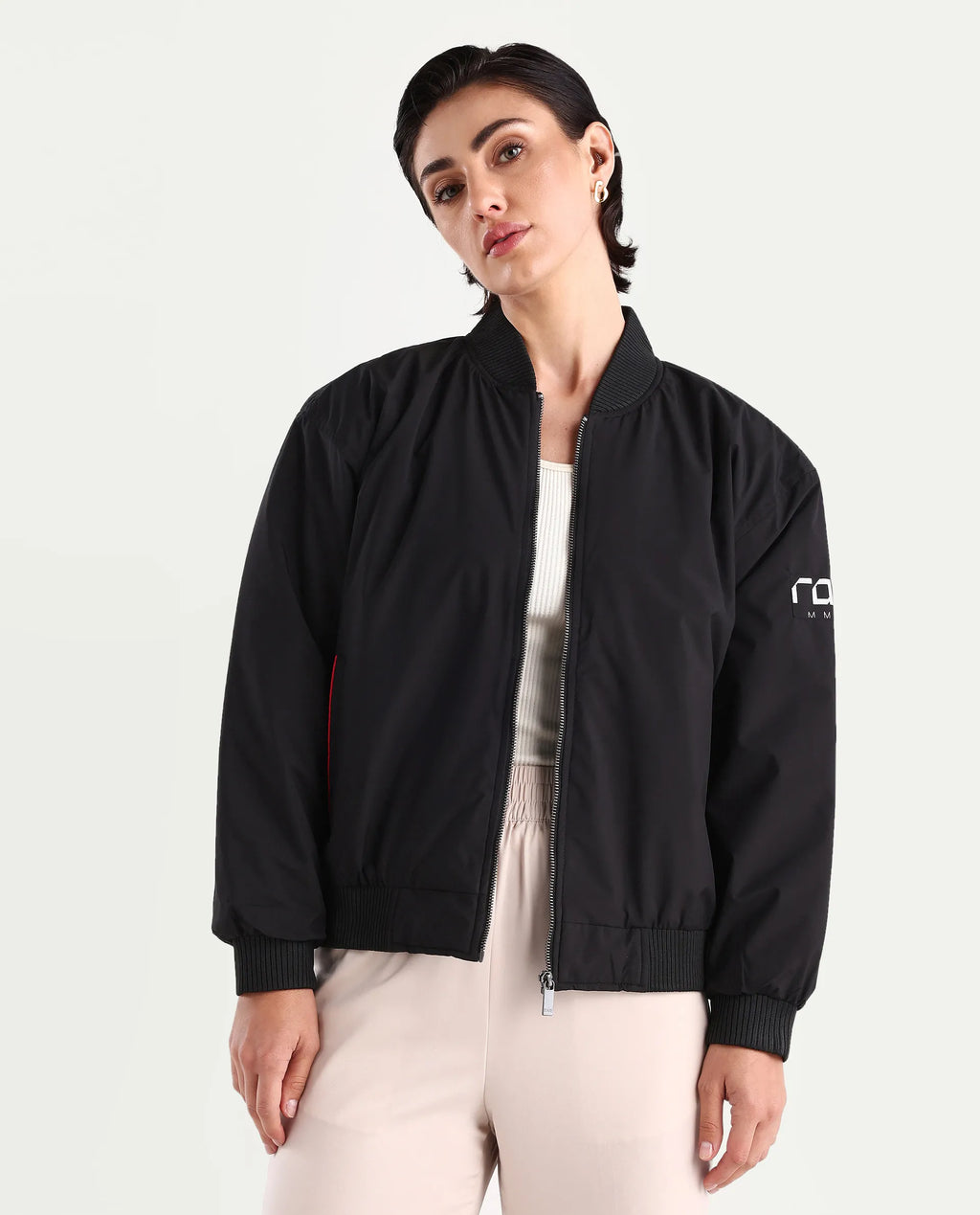 Rareism Women's Axley Black Polyester High Neck Printed Relaxed Fit Jacket