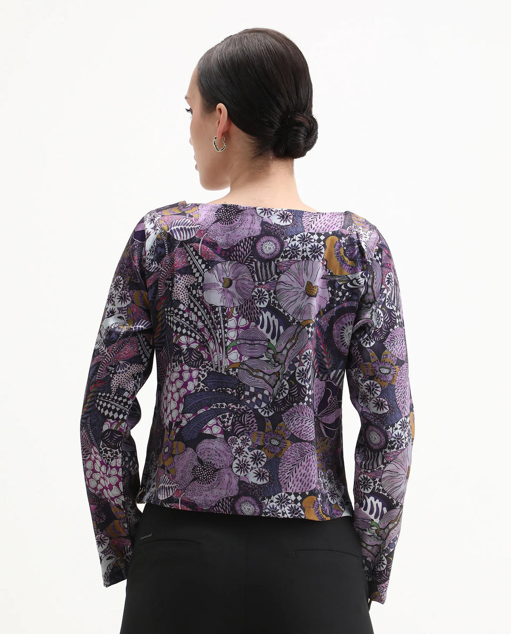 Rareism Women's Aydin Multi Satin Crew Neck Abstract Print Crop Regular Fit Top