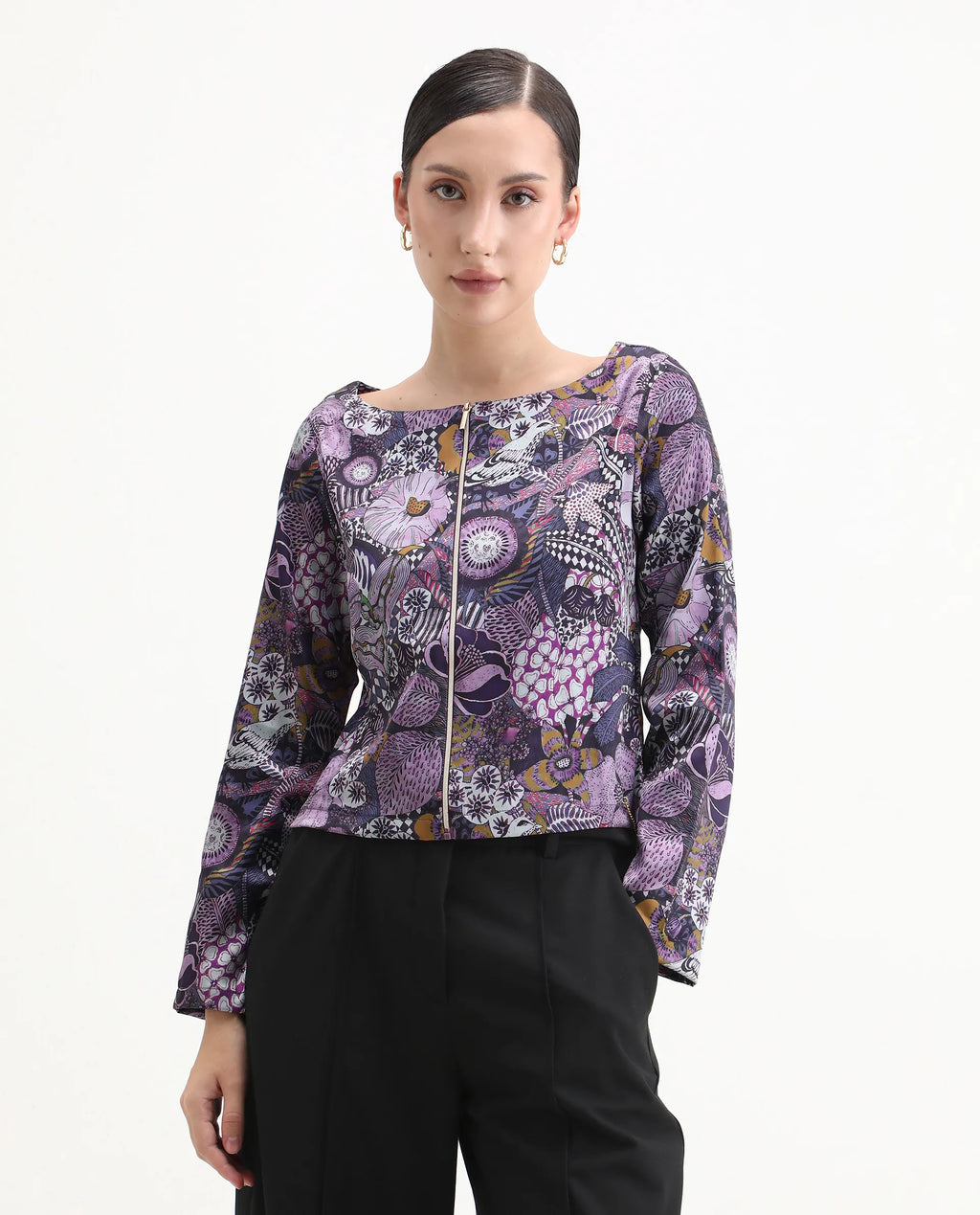 Rareism Women's Aydin Multi Satin Crew Neck Abstract Print Crop Regular Fit Top