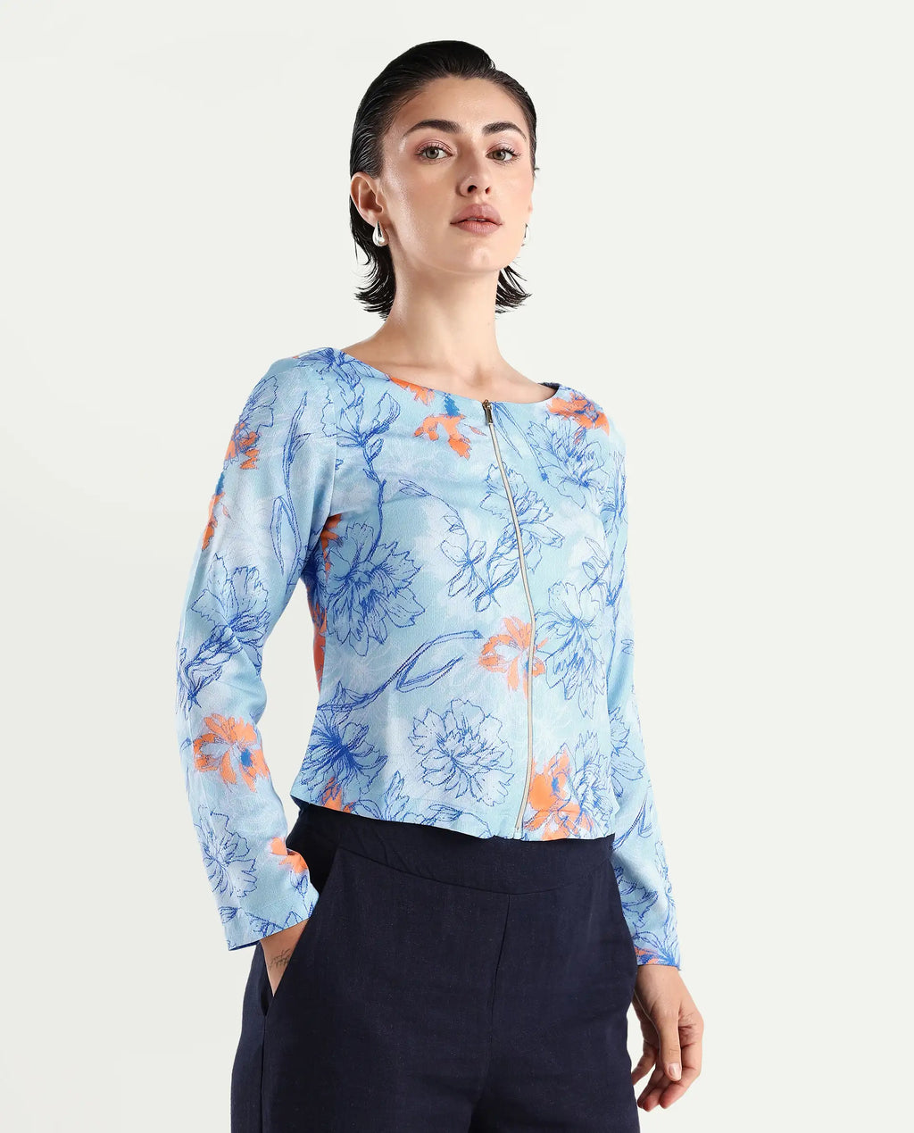 Rareism Women's Aydins Light Multi Satin Crew Neck Floral Print Crop Regular Fit Top