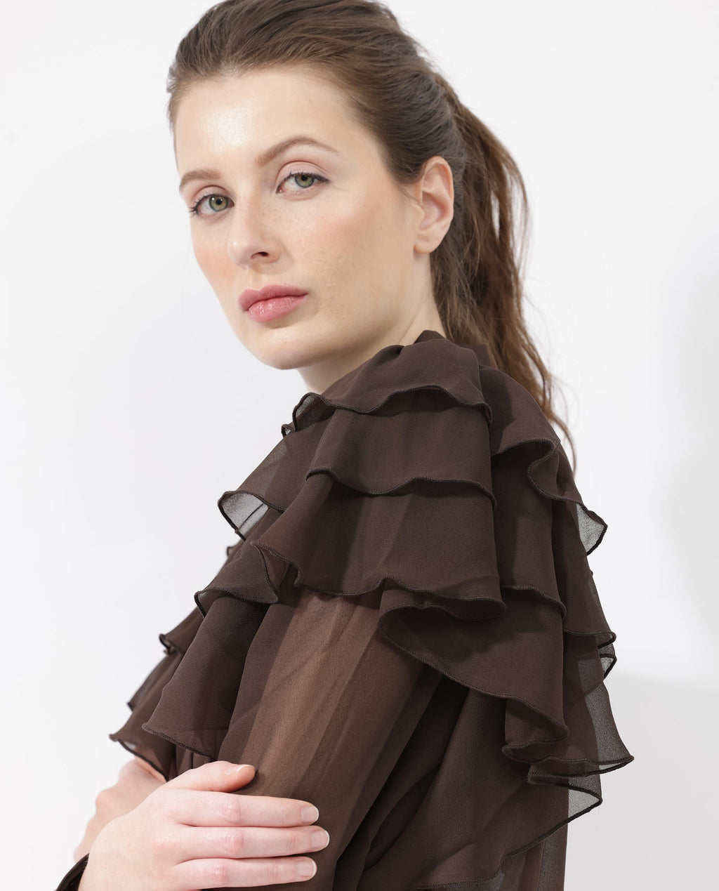 Rareism Women's Ayka Dark Brown Polyester V-Neck Plain Cuffed Sleeve Regular Fit Top