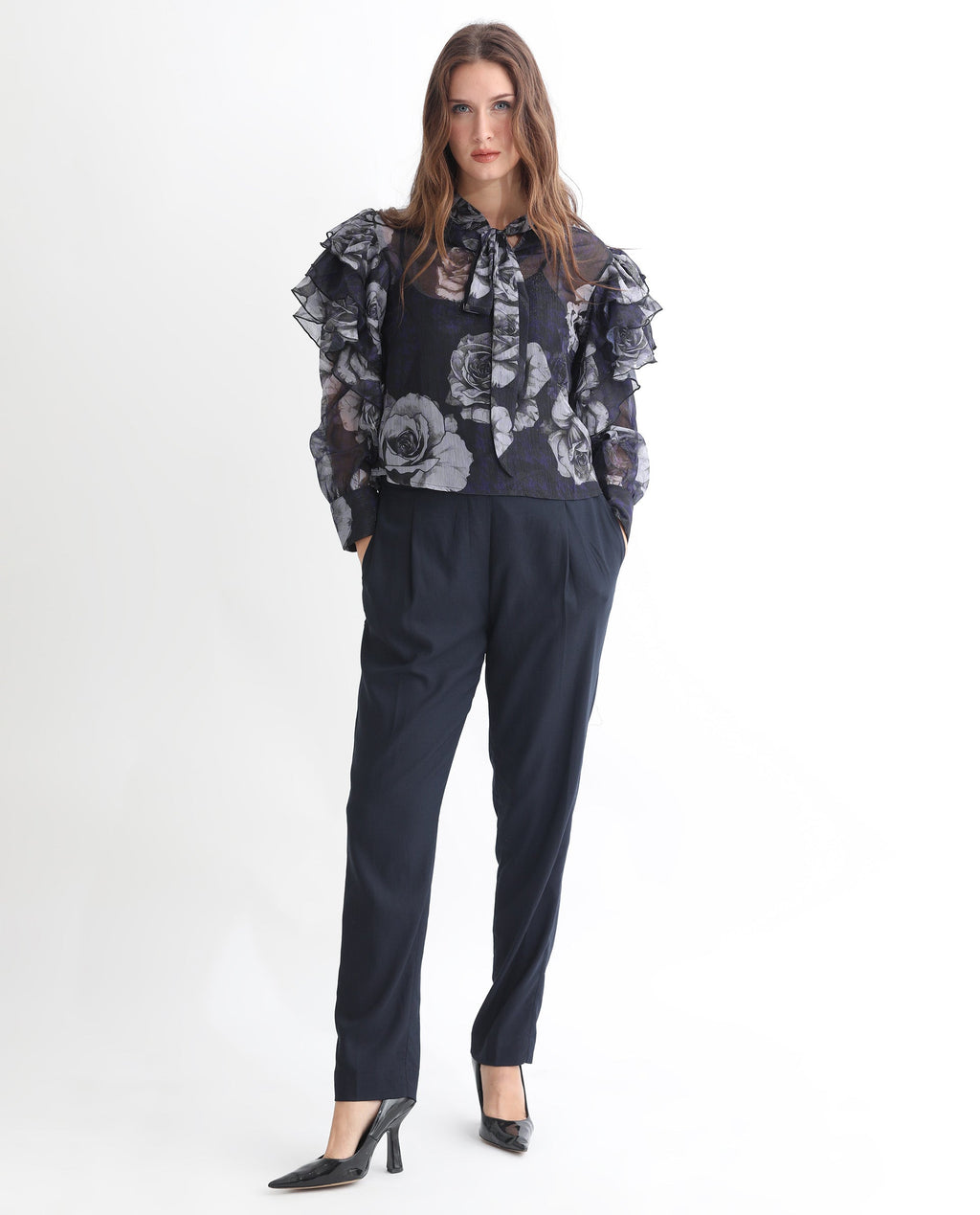 Rareism Women's Ayka Dusky Purple Polyester V-Neck Floral Print Cuffed Sleeve Regular Fit Top