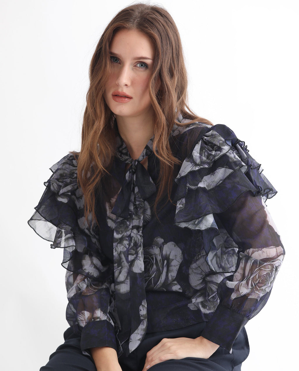 Rareism Women's Ayka Dusky Purple Polyester V-Neck Floral Print Cuffed Sleeve Regular Fit Top