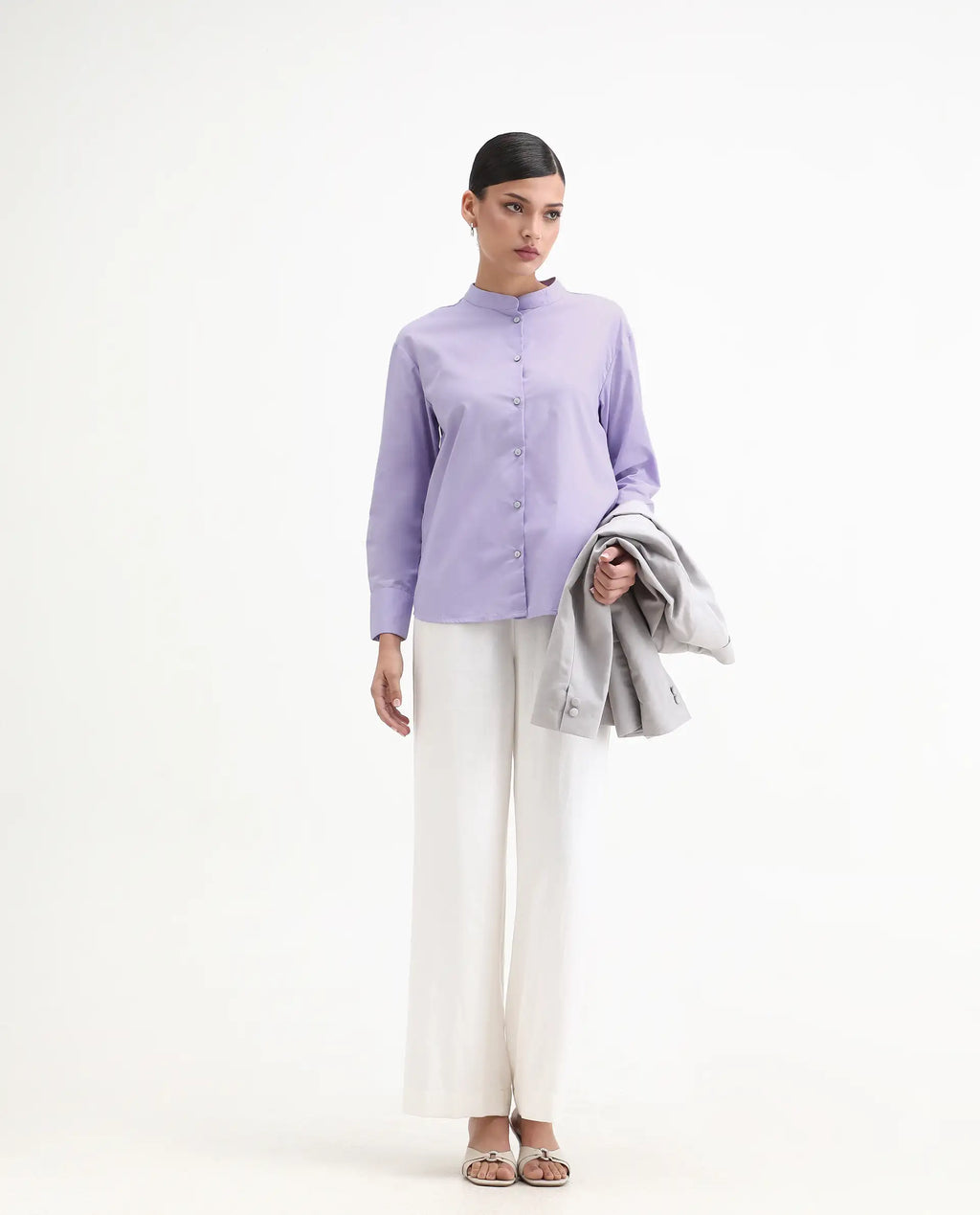 Rareism Women's Aytac Light Purple Cotton Mandarin Collar Plain Cuffed Sleeve Regular Fit Top