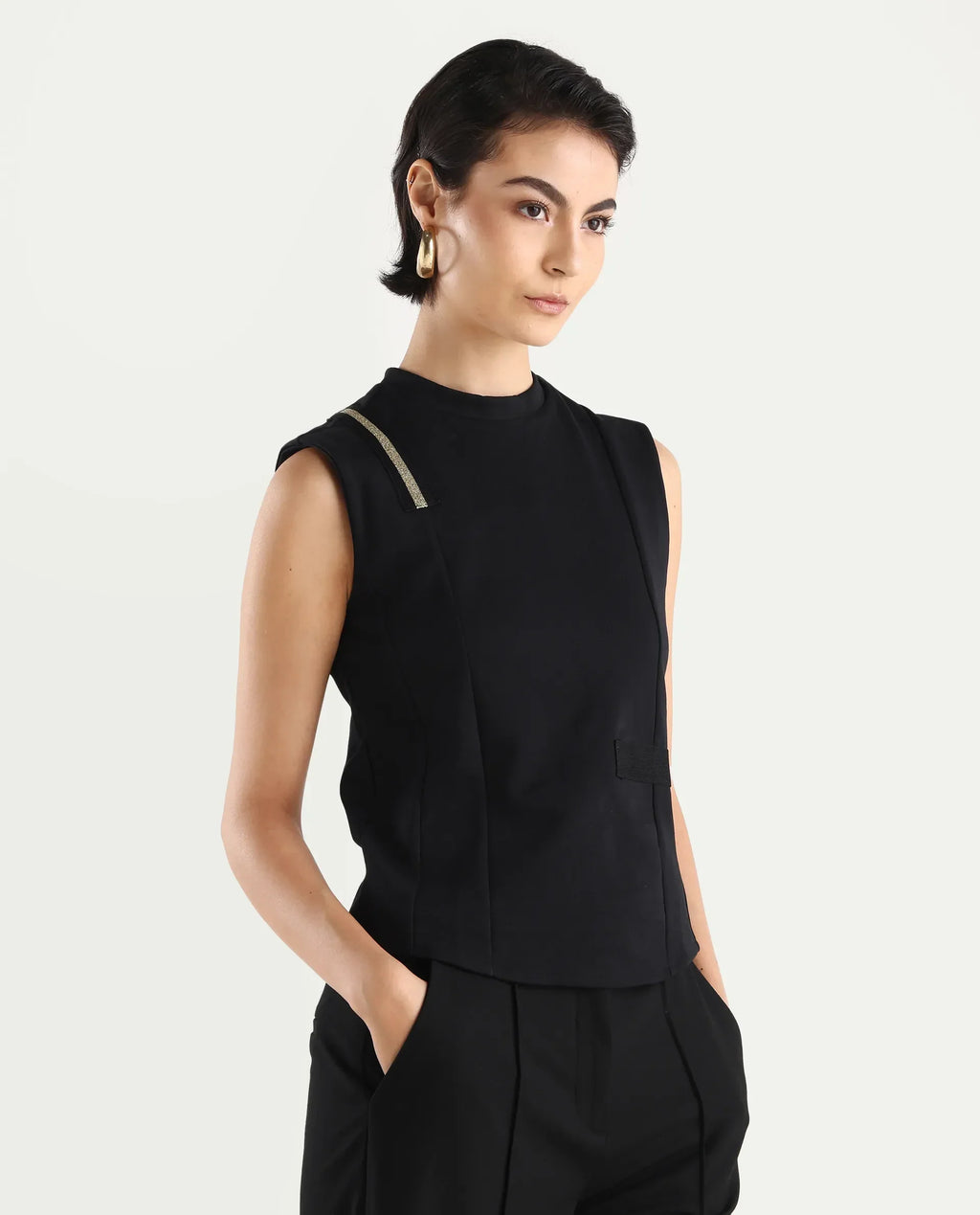 Rareism Women's Aytat Black Cotton High Neck Plain Sleeveless Slim Fit Top