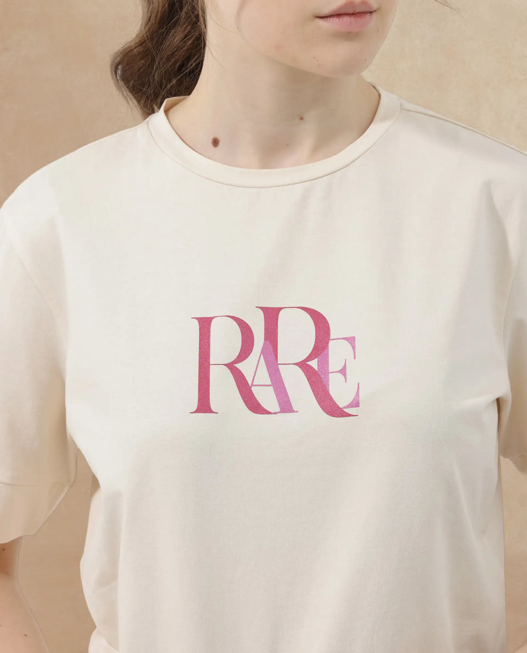 Rareism Women's Azel Light Beige Cotton Blend Crew Neck Graphic Print Regular Fit T-Shirt