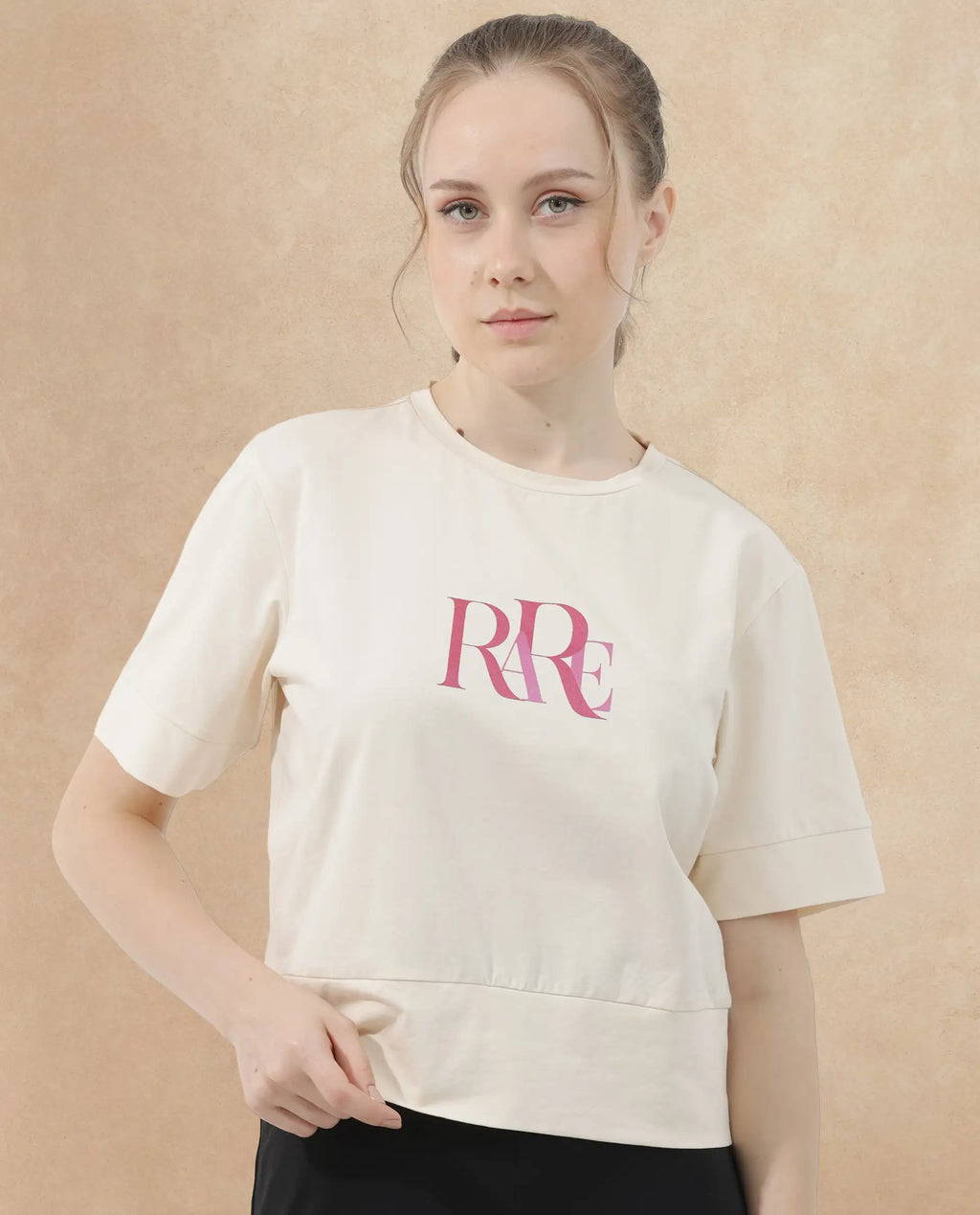 Rareism Women's Azel Light Beige Cotton Blend Crew Neck Graphic Print Regular Fit T-Shirt