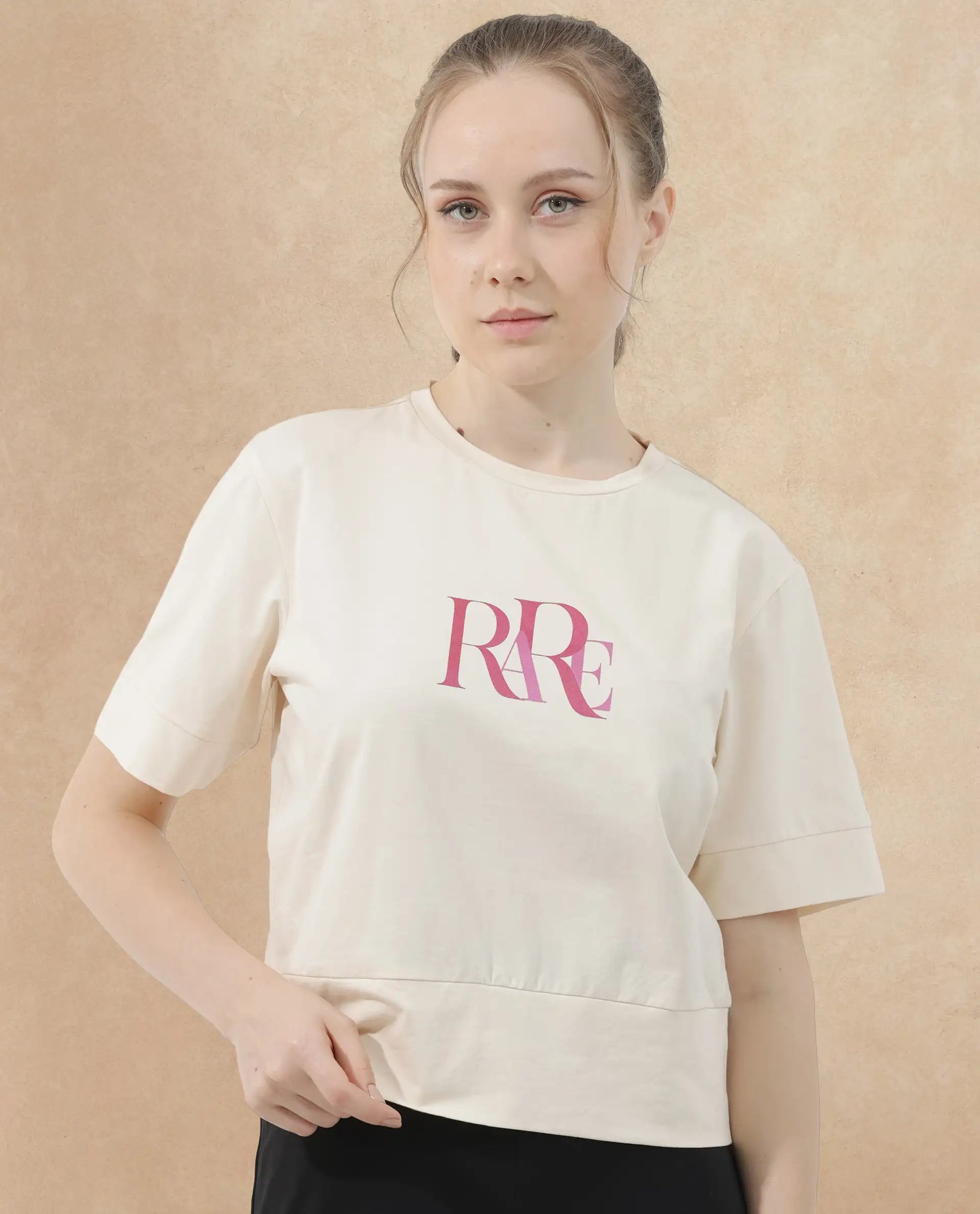 Rareism Women's Azel Light Beige Cotton Blend Crew Neck Graphic Print Regular Fit T-Shirt