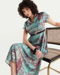 Rareism Women's Azerb Light Multi Satin V-Neck Bandana Print Extended Sleeves Midi A-Line Dress