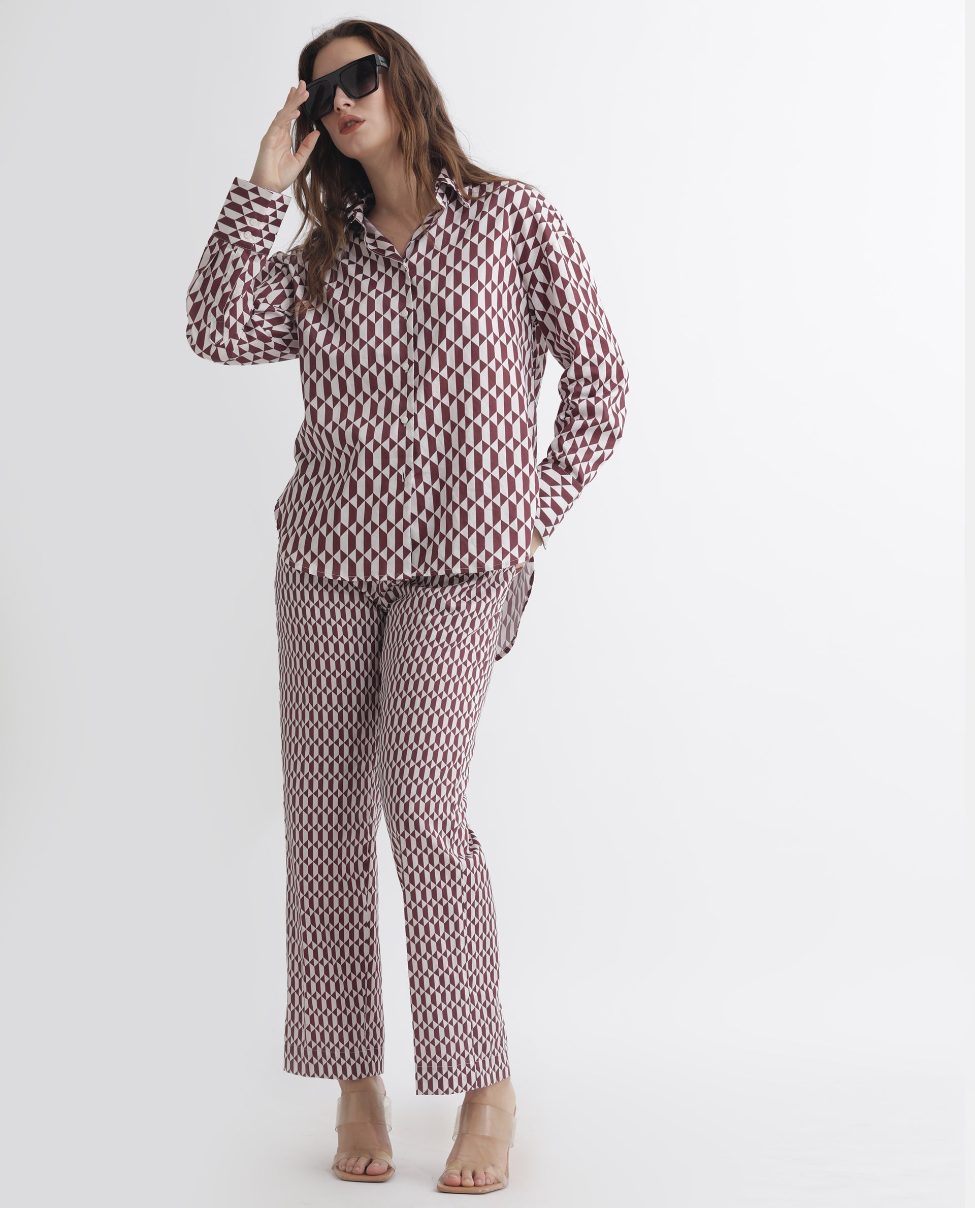 Rareism Women's Azsure-B Light Brown Cotton Geometric Print Ankle Length Tailored Trouser