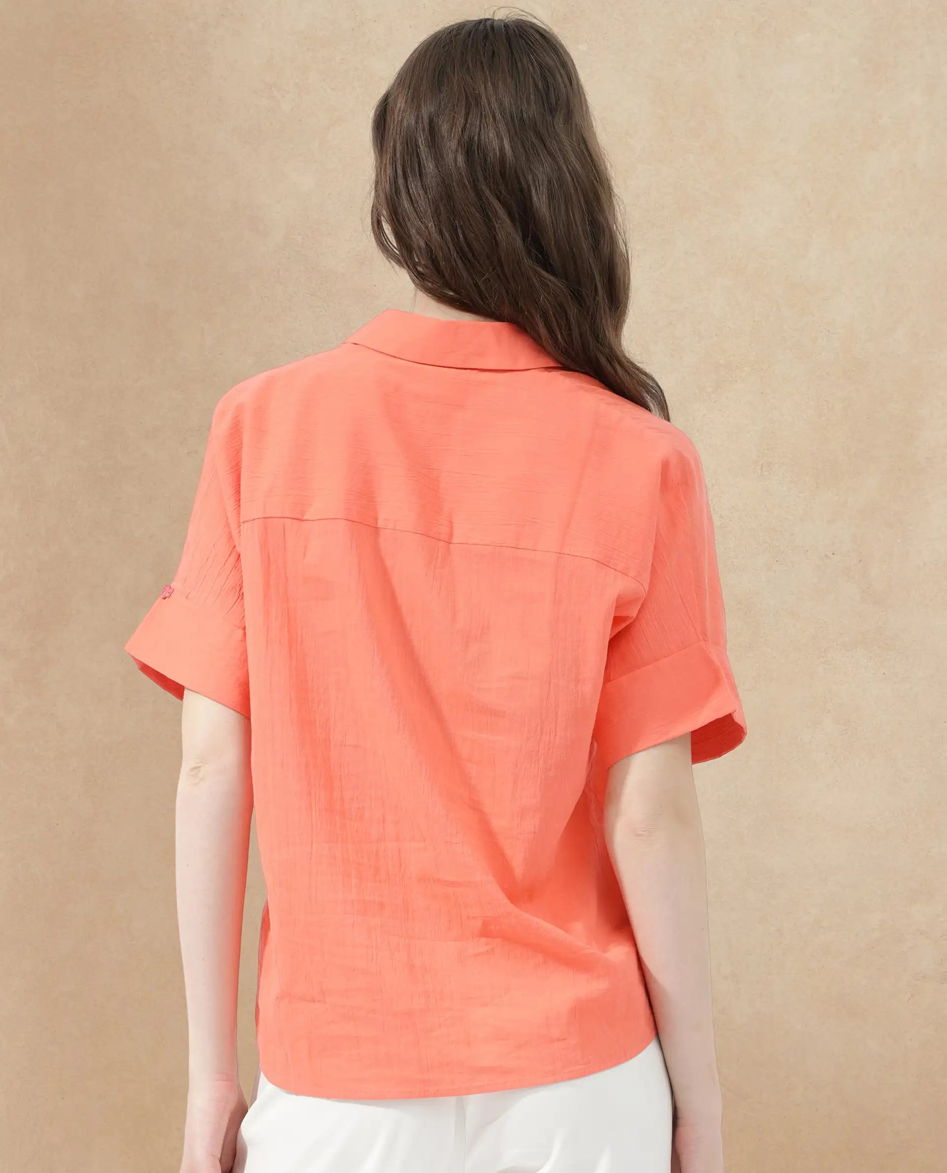 Rareism Women's Azzure Orange Cotton Drop Collar Plain Extended Sleeves Boxy Fit Top