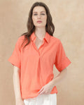 Rareism Women's Azzure Orange Cotton Drop Collar Plain Extended Sleeves Boxy Fit Top