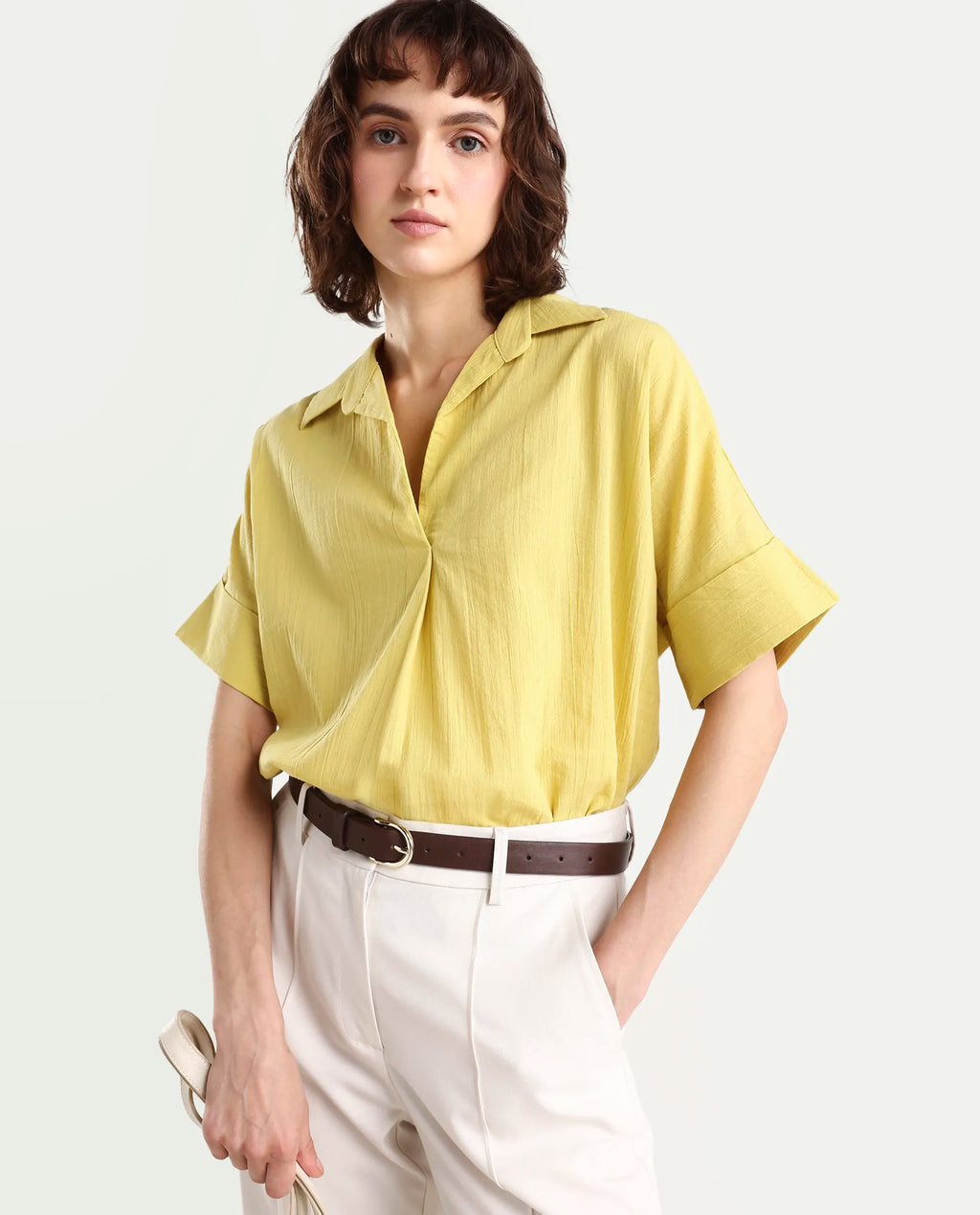Rareism Women's Azzure Light Green Cotton Half Sleeve Jonny Collar Boxy Fit plain Top