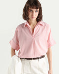 Rareism Women's Azzure Light Pink Cotton Half Sleeve Jonny Collar Boxy Fit plain Top