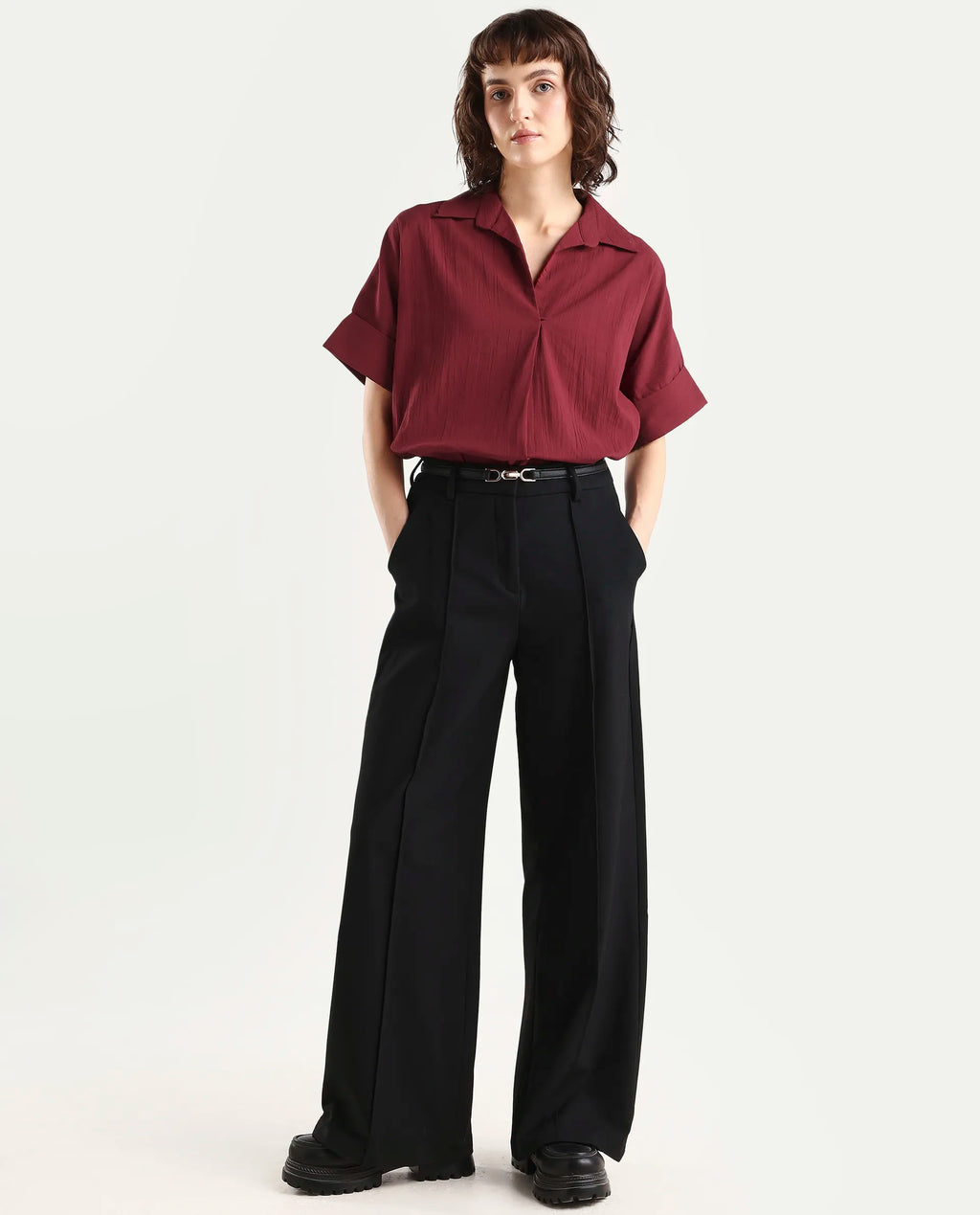 Rareism Women's Azzure Dark Red Cotton Half Sleeve Jonny Collar Boxy Fit plain Top