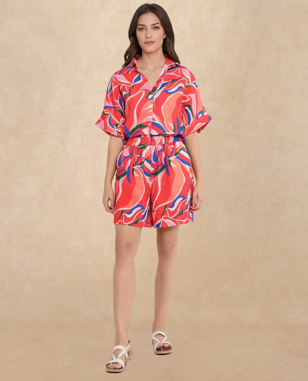 Rareism Women Babuto-T Multi Short Sleeve Tie-Up Neck Button Closure Abstract Print Shirt