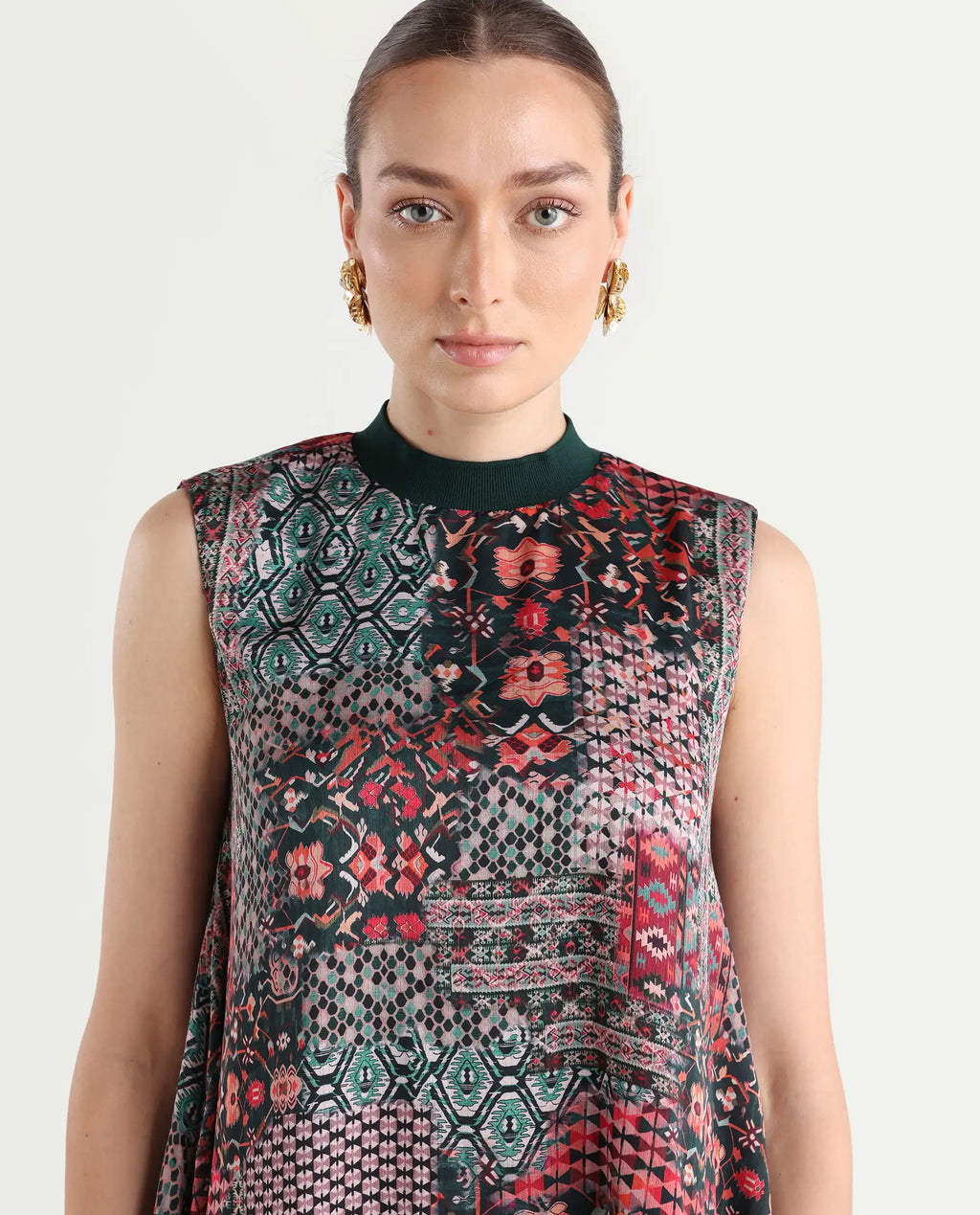 Rareism Women's Baden Dark Multi Satin Turtle Neck Abstract Print Sleeveless Knee Length Flared Dress