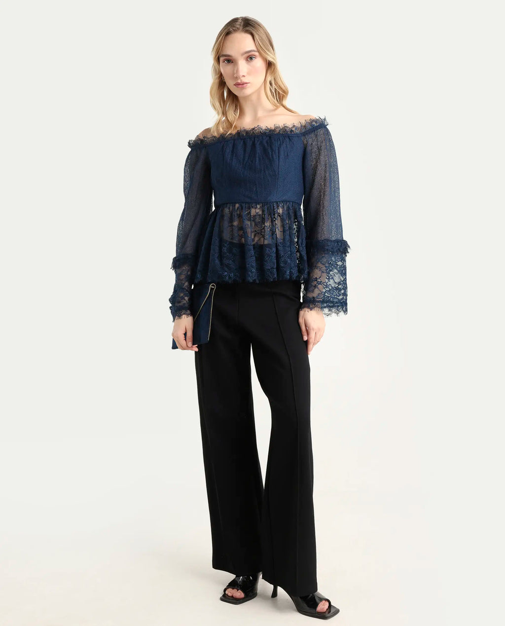 Rareism Women's Balikesar Blue Polyester Off Shoulder Plain Flared Sleeve Flared Top