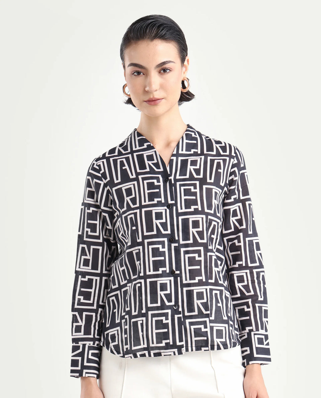 Rareism Women's Bancheo Black Cotton Blend V-Neck Monogram Print Cuffed Sleeve Regular Fit Shirt