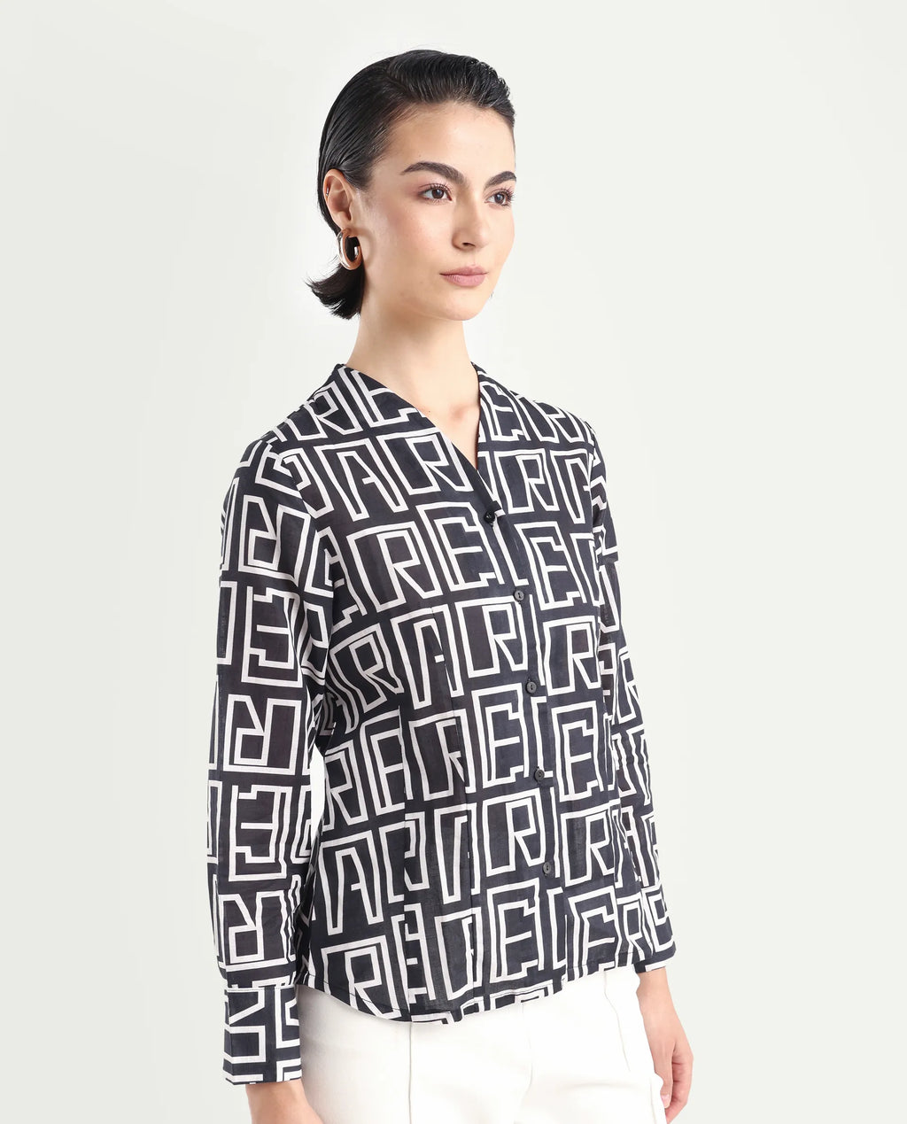 Rareism Women's Bancheo Black Cotton Blend V-Neck Monogram Print Cuffed Sleeve Regular Fit Shirt