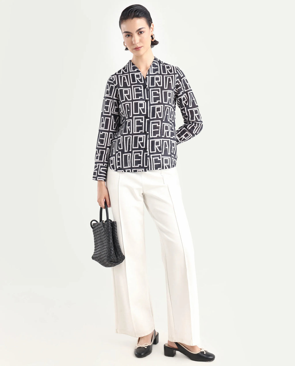 Rareism Women's Bancheo Black Cotton Blend V-Neck Monogram Print Cuffed Sleeve Regular Fit Shirt