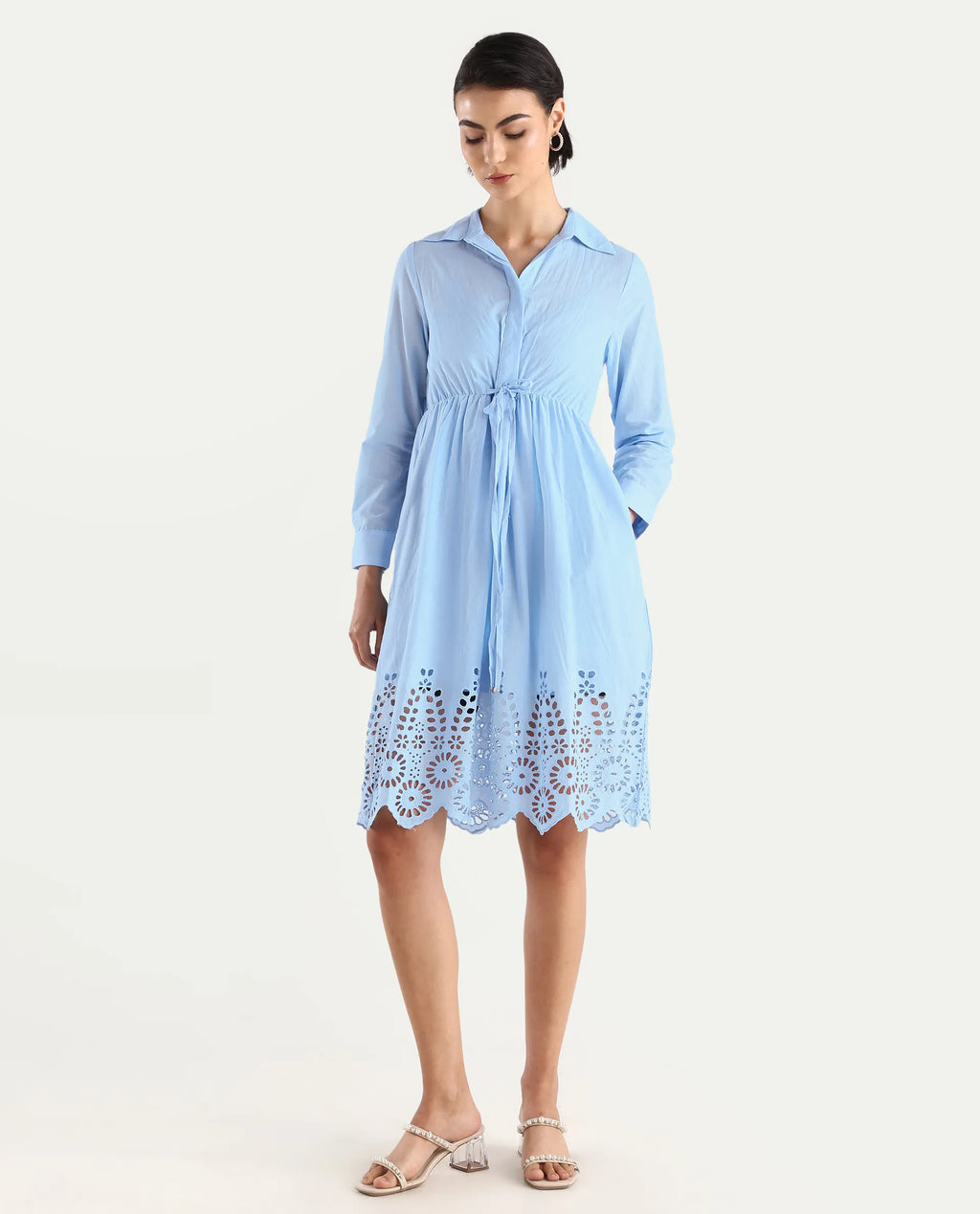 Rareism Women's Bandalina Blue Cotton Drop Collar Plain Cuffed Sleeve Midi Fit And Flare Dress