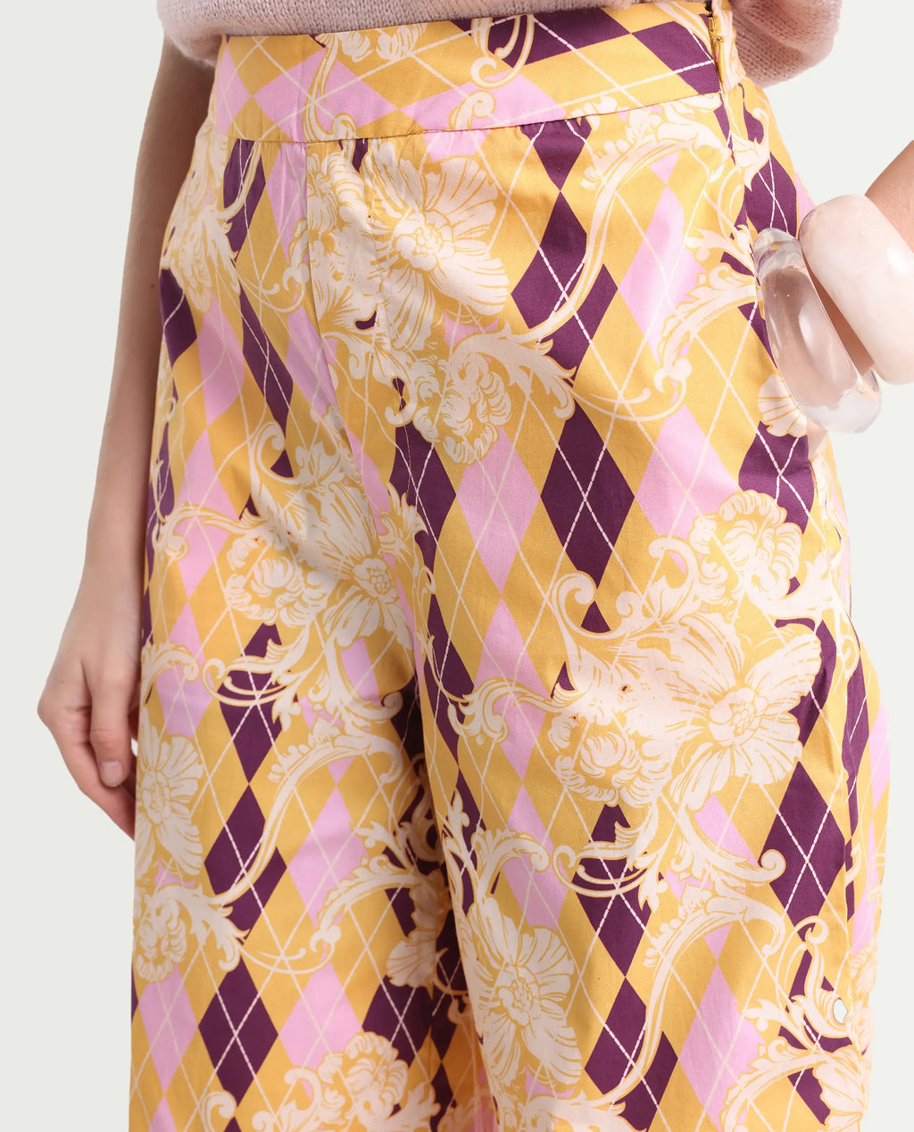 Rareism Women's Bari Light Multi Cotton Geometric Print Ankle Length Wide Trouser