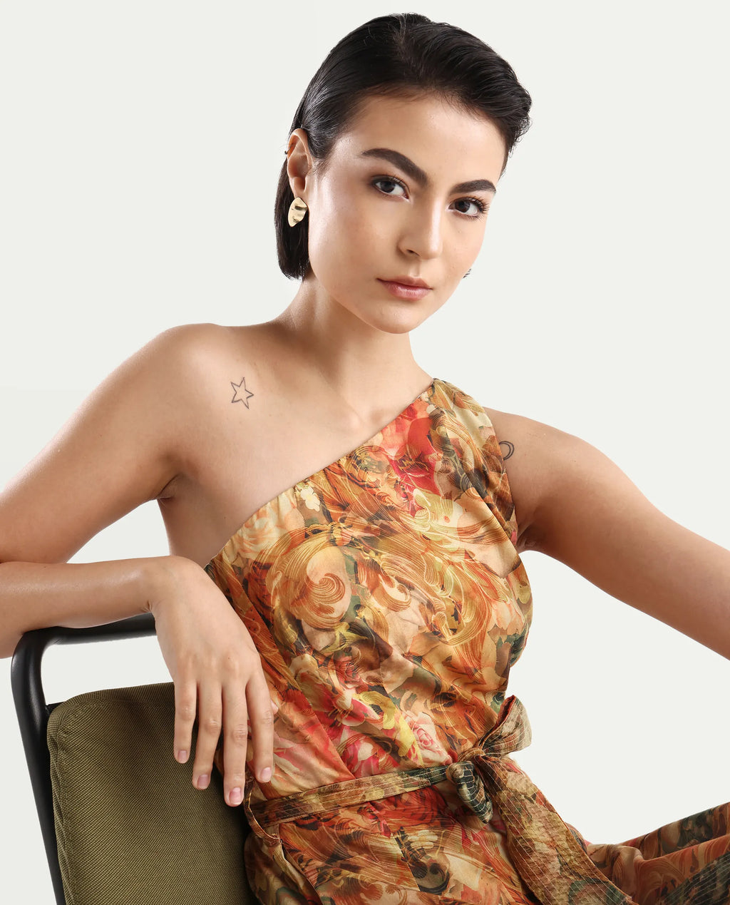 Rareism Women's Barney Multi Cotton One Shoulder Abstract Print One Shoulder Midi Fit And Flare Dress