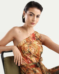 Rareism Women's Barney Multi Cotton One Shoulder Abstract Print One Shoulder Midi Fit And Flare Dress