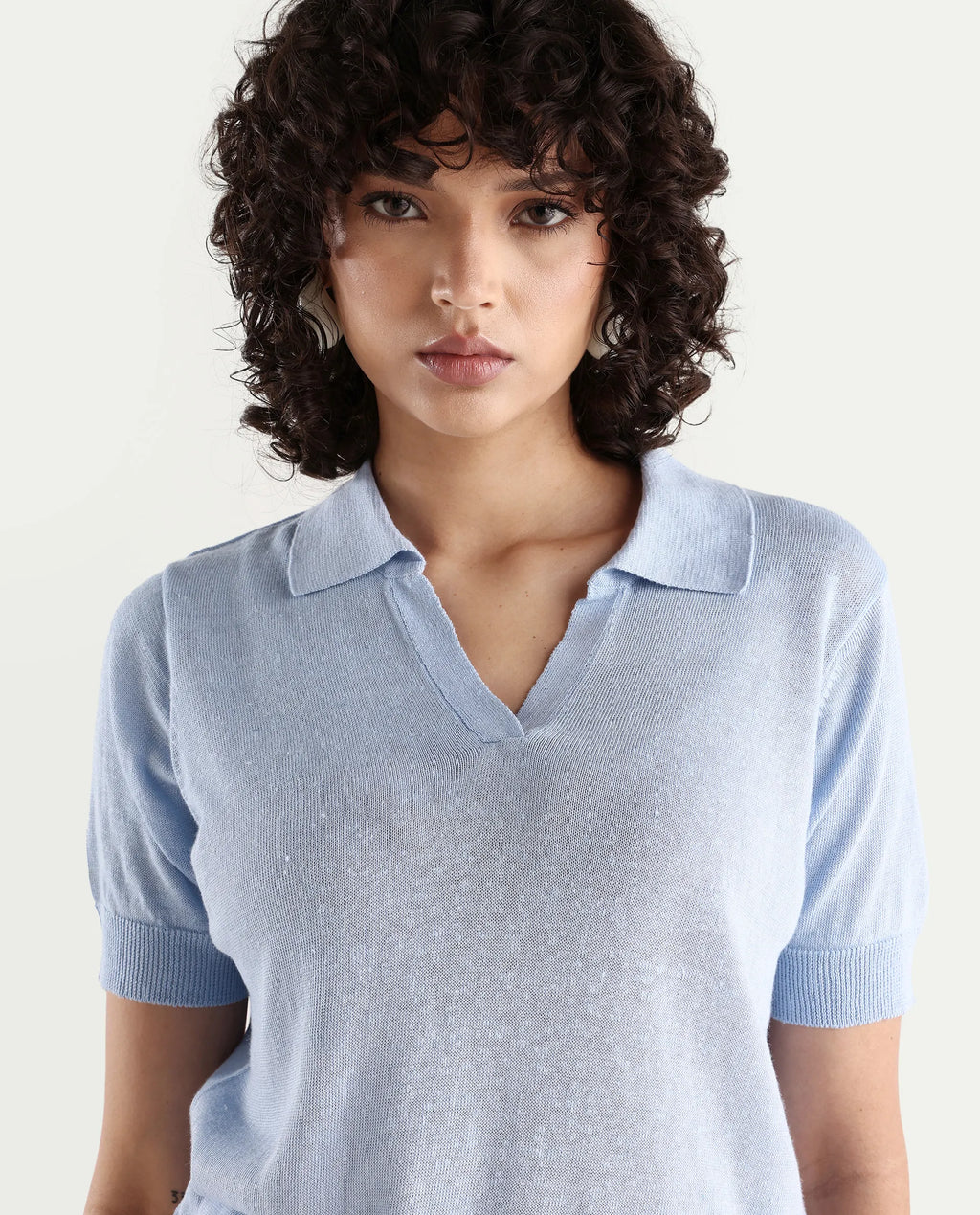 Rareism Women's Basel Light Blue Cotton Blend Polo Neck Plain Regular Fit Polo