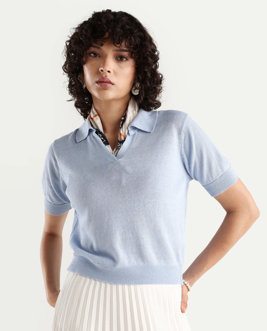 Rareism Women's Basel Light Blue Cotton Blend Polo Neck Plain Regular Fit Polo