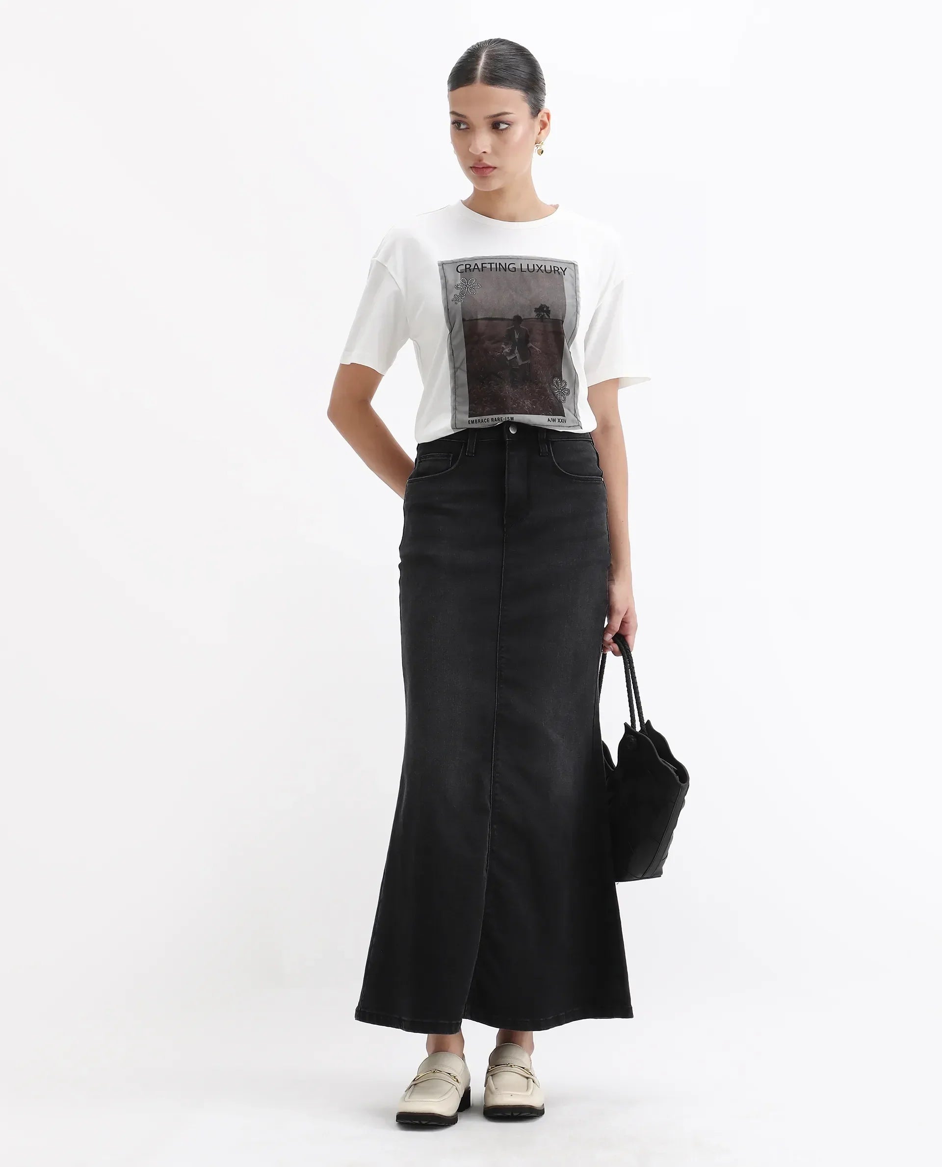 Rareism Women's Baskin Off White Cotton Blend Crew Neck Graphic Print Relaxed Fit T-Shirt