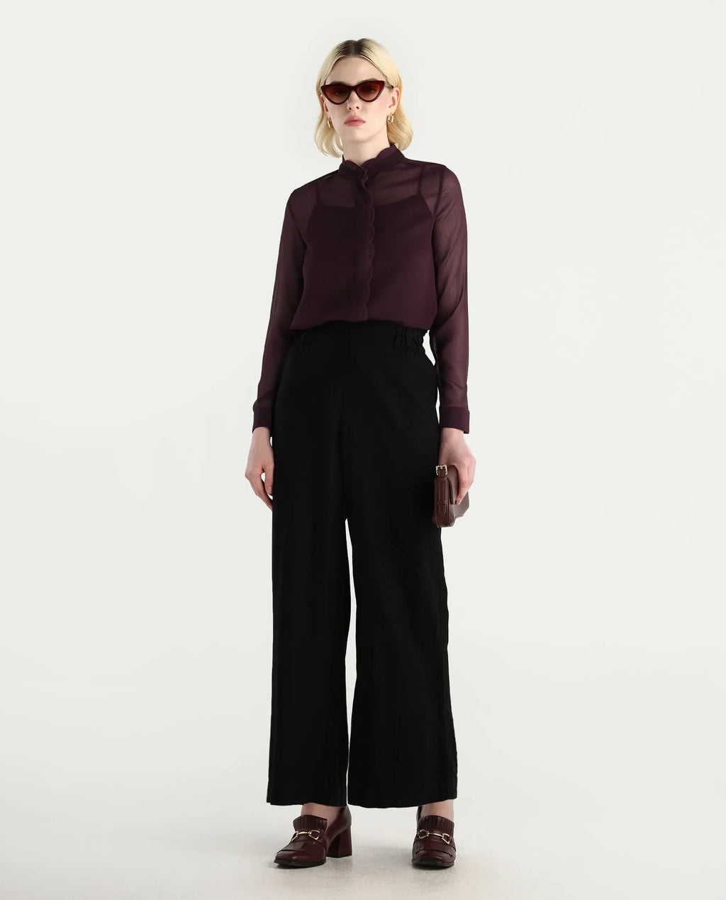 Rareism Women's Batmin Maroon Polyester Cuffed Sleeve Mandarin Collar Regular Fit Shirt