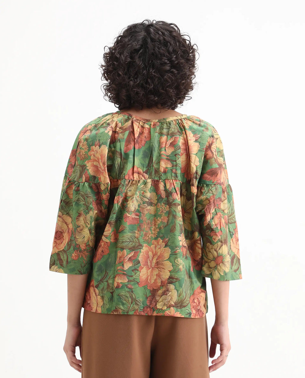 Rareism Women's Baudel Green Cotton Tie-Up Neck Floral Print Kimono Sleeve Relaxed Fit Top