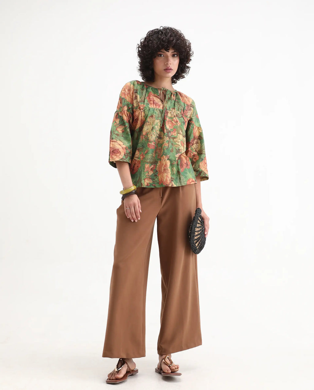 Rareism Women's Baudel Green Cotton Tie-Up Neck Floral Print Kimono Sleeve Relaxed Fit Top
