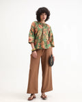 Rareism Women's Baudel Green Cotton Tie-Up Neck Floral Print Kimono Sleeve Relaxed Fit Top
