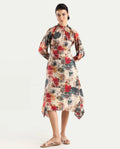 Rareism Women's Baylo Dusky Multi Cotton Blend Sweetheart Neck Abstract Print Smocked Sleeve Midi Asymmetric Dress