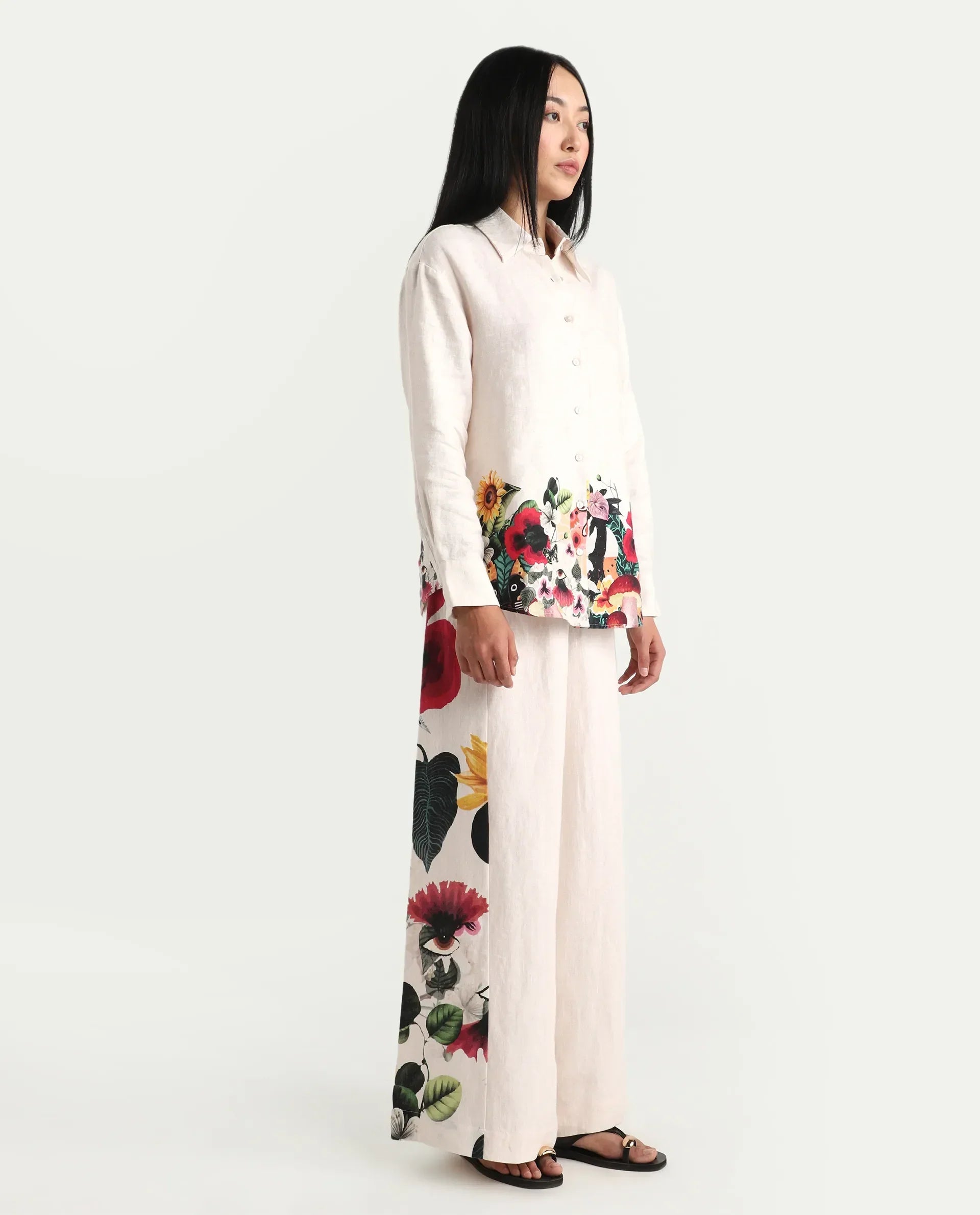 Rareism Women's Bazper-B Off White 100% Linen Wide Leg Plain Trouser