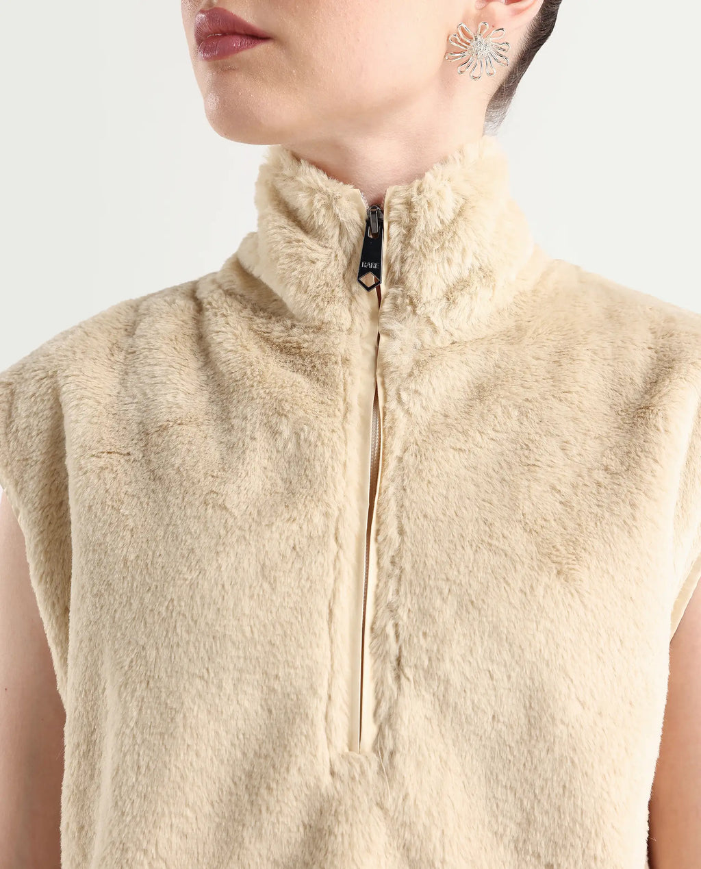 Rareism Women's Beauro Beige Polyester Drop Collar Plain Sleeveless Regular Fit Sweater