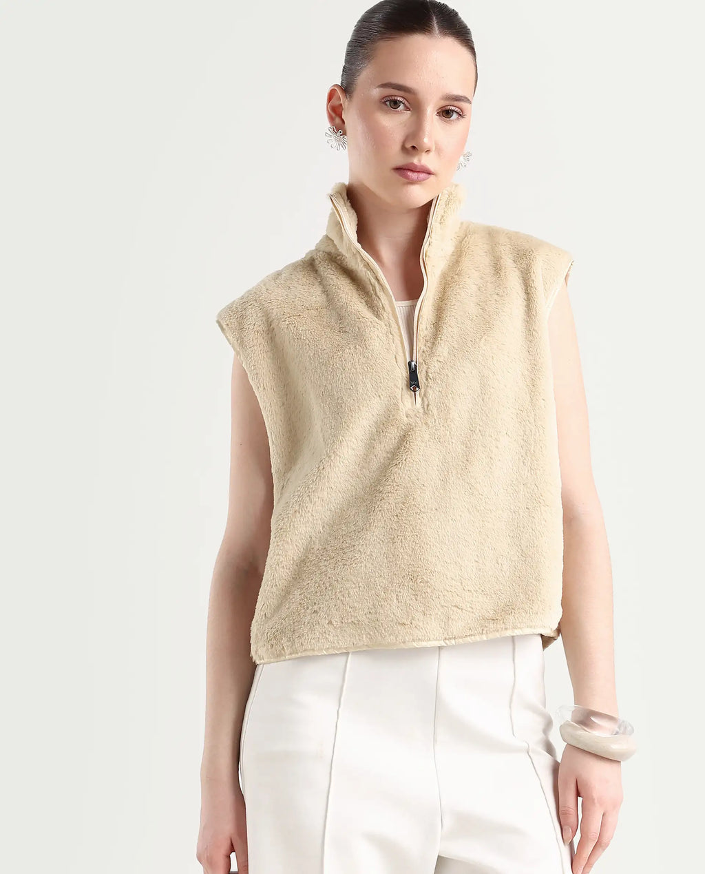 Rareism Women's Beauro Beige Polyester Drop Collar Plain Sleeveless Regular Fit Sweater