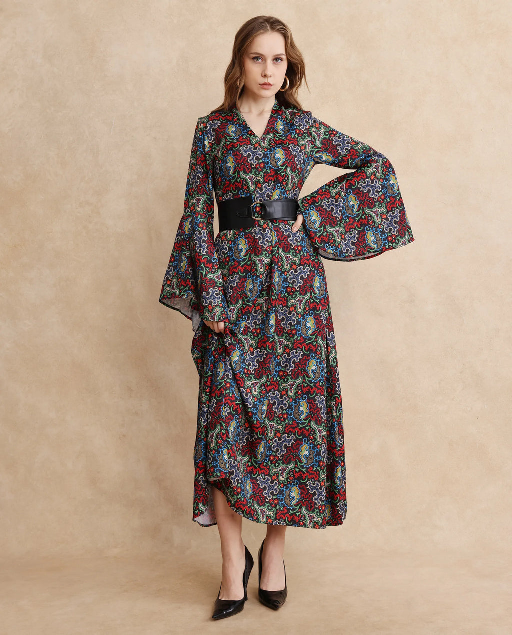 Rareism Women's Bedx Dark Multi Polyester Blend V-Neck Abstract Print Bell Sleeve Maxi Fit And Flare Dress