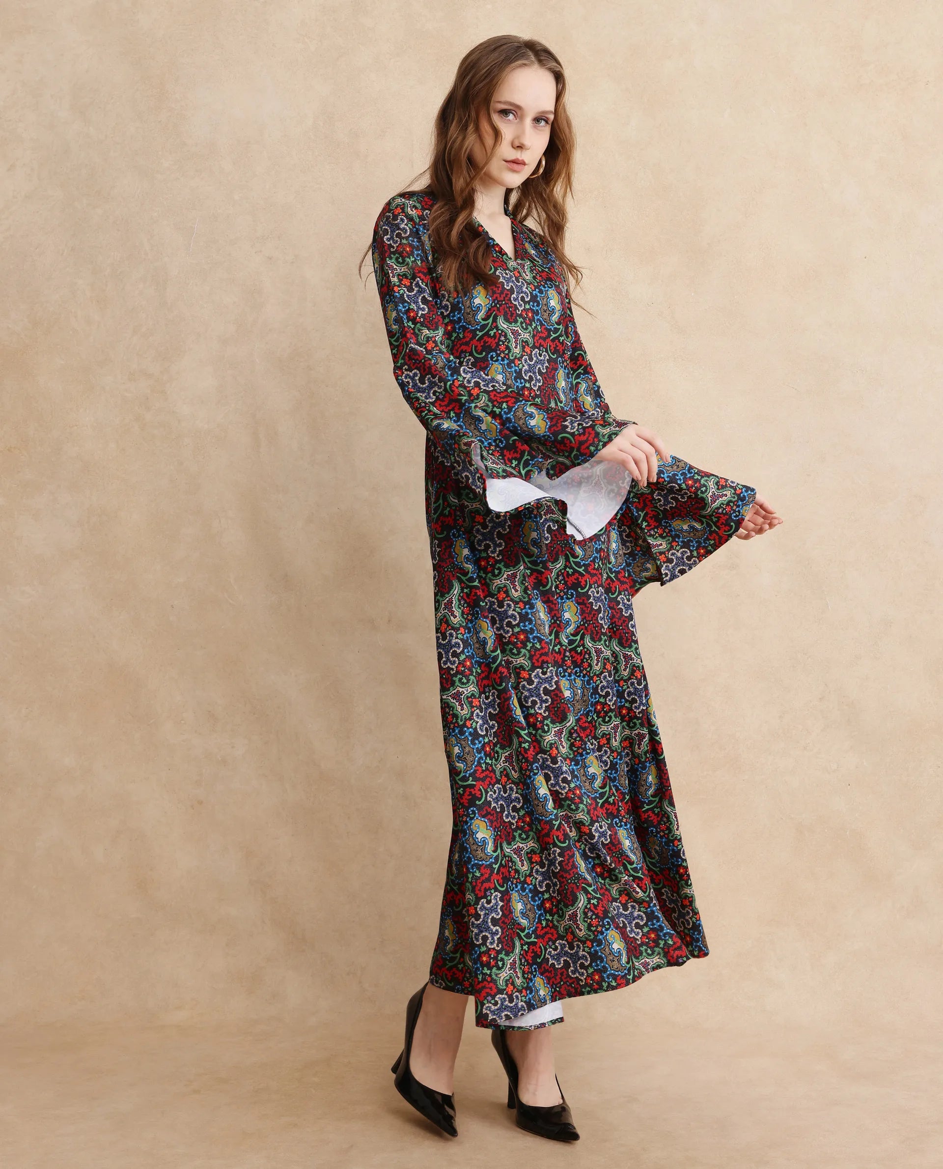 Rareism Women's Bedx Dark Multi Polyester Blend V-Neck Abstract Print Bell Sleeve Maxi Fit And Flare Dress